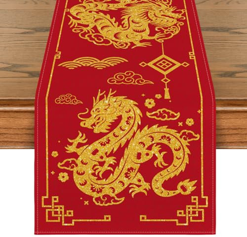 Artoid Mode Drache Chinesisches Neujahr 2025 Tischläufer, Saisonnal Winter Küche Tisch Dekoration Drinnen Urlaub Party Dekor 40x140 cm
