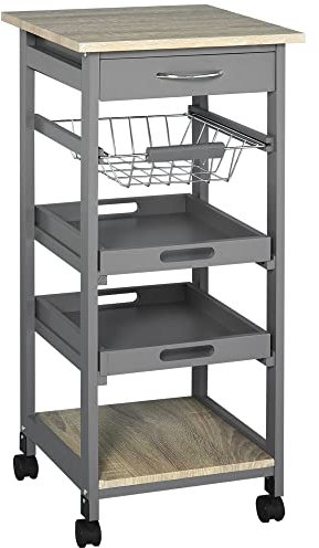 HOMCOM Chariot de Service desserte de Cuisine à roulettes Panier + 2 Plateaux Amovibles, tiroir, étagère en Bois chêne Clair Bois pin Gris