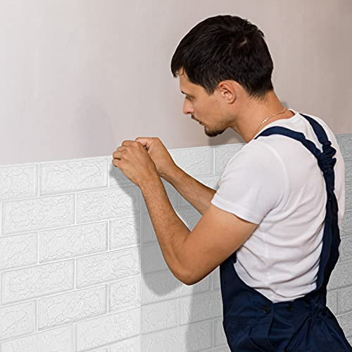 Cecaylie 3D Tapete Selbstklebend 20 Stück, 3D Wandpaneele 77x70cm,7mm Tapeten Wohnzimmer Wasserdicht PE-Schaum,Wandaufkleber Wanddekoration,Wandtapete für Waschküche Küche.Wallpaper(Weiß)