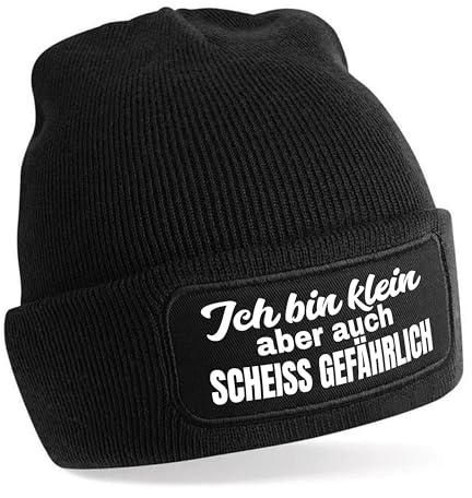 Herzbotschaft Beanie Strickmütze mit Spruch | Ich Bin klein Aber auch Scheiss gefährlich | schwarz | Unisex SoftTouch angenehm weiche und warme Wintermütze | OneSize Einheitsgröße für Erwachsene
