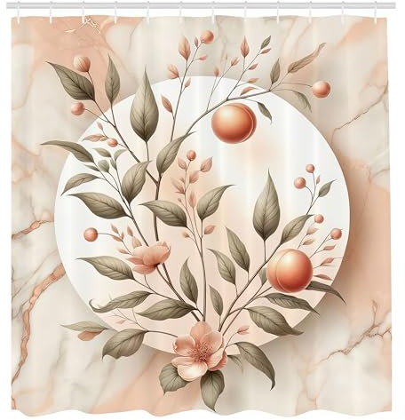 ABAKUHAUS Pfirsich Duschvorhang, Vintage botanischer blühender Obstbaumzweig auf pastellem Marmor Print, Stoffliches Gewebe mit Haken, 175 x 200 cm, Schieferbraun Blasses Beige
