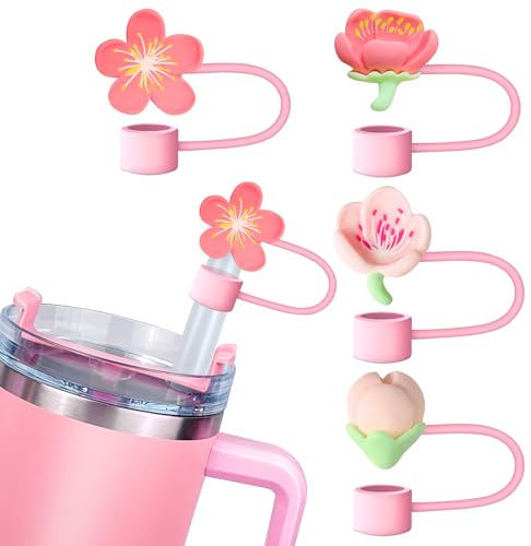 Hikkcos Straw Cover for Stanley 40 30 Oz Flowers Silicone Straw Covers Cap for Stanley Cup Accessories Pink Flower Silicone Stanley Straw Topper Protector Lid Compatible With Stanley Cup 30 40 Oz