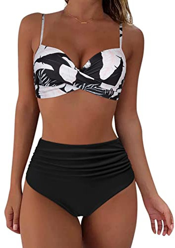 Générique Maillot de Bain Femme 2 Pieces, Taille Haute Push Up Bikini Set, Sexy Grande Taille Maillot de Bain de Plage, Conception en Croix Avant Classique Slim Swimwear (Blanc, L)