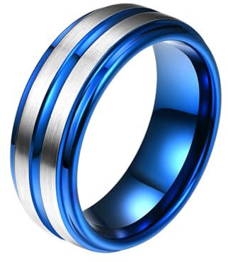 Whoiy Ringe Hochzeit Männer 8MM mit Personalisiert Gravur, Blau Ringe Matt Wolfram Eheringe Freundschaftsringe Rille für Ihn Größe 52 (16.6)