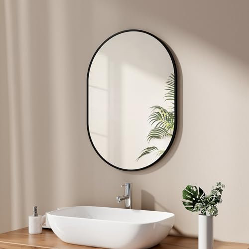 EMKE Badspiegel Oval 50 x 70 cm Spiegel mit Schwarzer Rahmen Wandspiegel Oval Horizontal/Vertikal Badezimmerspiegel Ovaler Spiegel Schwarz Dekorativer HD Wandspiegel für Badezimmer, Flur