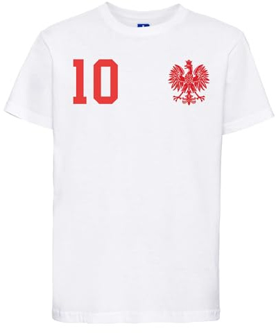 Polen Kinder T-Shirt Polska Trikot Personalisiert mit Wunschname + Nummer - Weiß 4 Jahre (96/104)