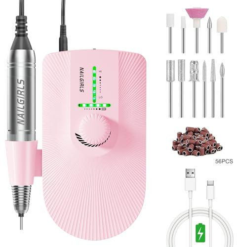 NAILGIRLS Cordless Electric Nail Files, T18 Professional Rechargeable Nail Drill 35000 RPM, Portable E File Kit for Acrylic Gel Nails Manicure Salon Home, Pink
