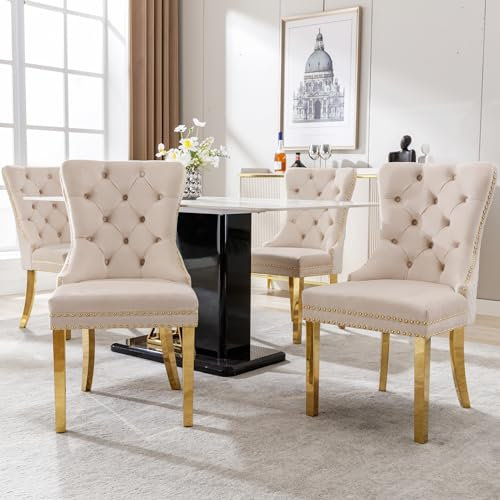 Merax Esszimmerstühle 4er-Set, Küchenstuhl, Polsterstuhl, Dining Chair,Esstisch Stühle Samt, Stützbeine aus vergoldetem Edelstahl, Armlehnenstuhl für Esszimmer Wohnzimmer, mit Samtbezug, Beige/Gold