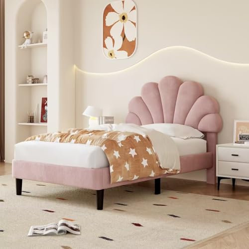 BTM Letto singolo, 90 x 190 cm, letto singolo imbottito, in velluto simile a petali, testiera regolabile in altezza e doghe in legno massello, struttura per letto singolo rosa (senza materasso)