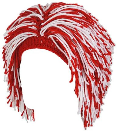 WUODHTW Kreative Barbaren-Strickmütze mit Bartmütze, lustige Perücke, Beanie-Mütze, Rittermütze, Halloween-Party, Wikingerhörner, Bartmütze, Skimütze, Rot und Weiß, Einheitsgröße