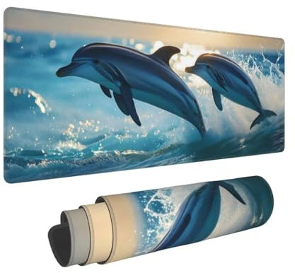Gaming Mouse Pad 35.4x11.8x0.12 inch XXL Large Gaming Mouse Mat with Stitched Edges, Dolphin Mouse Pad, with Non-Slip Base Extended Large Mouse Pads, Keyboard Desk Pad with Water Resist Surface N-607
