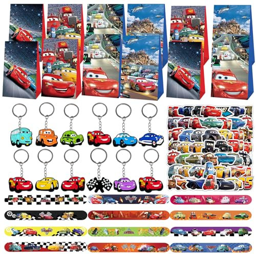 Rennauto Party Mitgebsel,86Pcs Racing Car Kinder Geschenke Zubehör,Cartoon Schlüsselanhänger,Slap Armbänder,Rennwagen Geschenktüten,Kinder Aufkleber,Jungen Mädchen Geburtstag Party Geschenke(A)