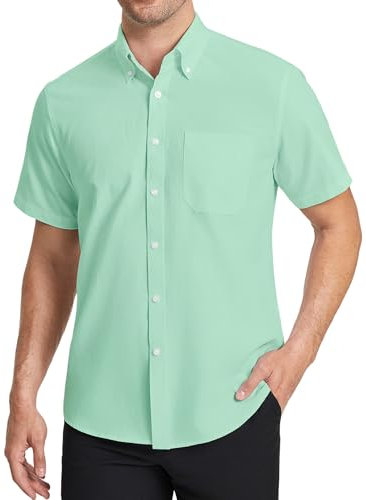 HISDERN Men Shirts Short Sleeve Formal Mint Green Smart Oxford Shirt for Men Summer Solid Regular Fit Button Down with Pocket, L