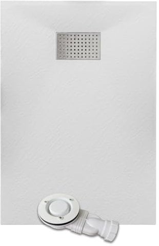 Thermopanel SMC White Shower Trays Base Slate Stone Effect Textured Non Slip with Low Profile Waste and Stainless Steel Cover - 1600 x 900mm