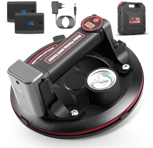 Ventosa per piastrelle elettriche con manometro e display digitale, ventosa per sollevamento in vetro, 1 pezzi da 8 ventosa per vetro fino a 200 kg con 2 batterie rimovibili ricaricabili