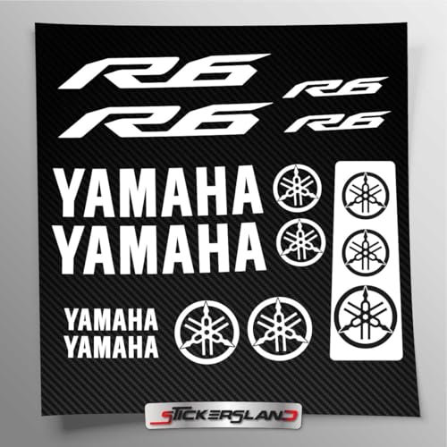 Kit adesivi compatibile con serbatoio e casco moto | Base Vinile Trasparente FACILE APPLICAZIONE Stampa UV | scritte loghi | Stickersland® - R6 New dal 2015 al 2024 (Bianco)