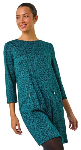 Roman Originals Spot Print Zip Pocket Jersey Dress for Women UK - Ladies Everyday Holiday Autumn Winter Round Neck 3/4 Sleeves Comfy Soft Evening Vacation Work Party Shift - Teal - Size 12