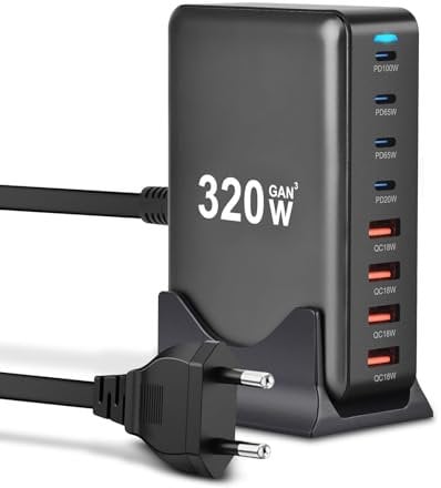 320W USB C Ladegerät Mehrfach, 8 Ports USB Schnellladegerät USB Ladestation mit 5 USB-C und 3 USB-A Charger PD PPS 100W USB C Netzteil für MacBook Pro/Air,iPad Pro/Air,Sumsung