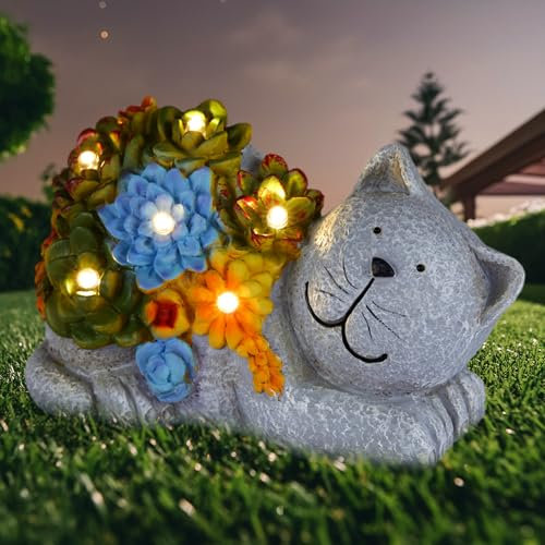 Mosii Solar Cat Garden Ornaments Outdoor, Cute Resin Garden Statue Figurine with 6 LEDs, Solar For Garden Decorations Home & Balcony Decor, Ideal Garden Gifts Cat Gifts for Women
