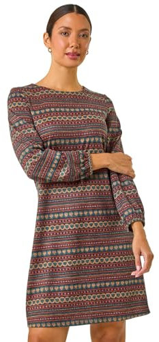 Roman Originals Tunic Dress with Pockets for Women UK Ladies Swing Fit & Flare Skater Slouch Stretchy Casual Smart Winter Jersey Pull On Work Office 3/4 Long Sleeves - Navy Brown - Size 20