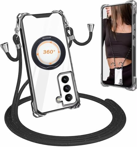xinyunew 360 Grad Drehbare Ring Hülle für Samsung Galaxy S21 Kompatibel mit MagSafe, Handykette für Samsung Galaxy S21 Hülle mit Band,Dünn Stoßfeste Handyhülle mit Ständer & Ring Halter,schwarz