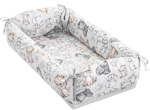 Nestchen Reisebett für Babys Säuglinge 98x58 cm – 2 in1 Babynest, Kuschelnest, Babymatte 100% Baumwolle – antiallergisch - atmungsaktive und weiche Babyliege mit Kopfstütze – (Das Zebra und der Löwe)