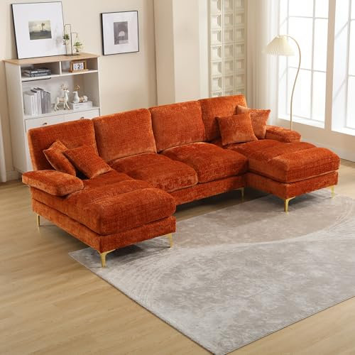 HAINEW Moderner Ecksofa Eckcouch Mit Kissen und Armlehnen, Polstermöbel 4 Sitzer U-förmigen Sofa Couch mit Goldene Beine, Chenille Loungesofa Bequemes Sofa für Wohnzimmer (Orange)