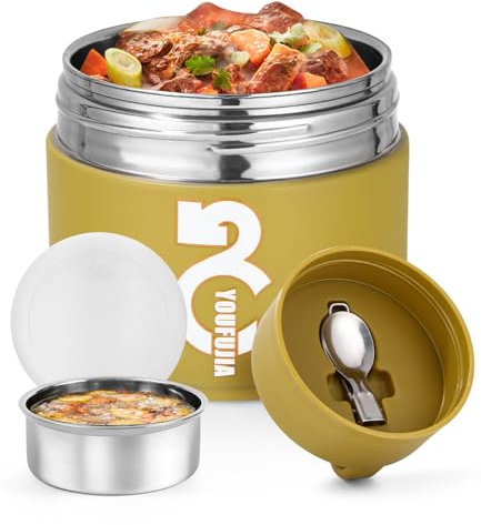 Bixury Boite Isotherme Repas Chaud, 1300ml Alimentaire Chaud Avec Cuillère Pliable, Boite Repas Isotherme en Acier Inoxydable (Jaune)