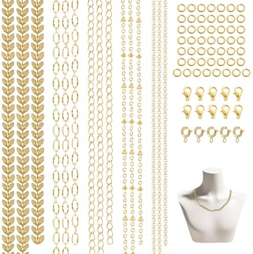 VEINARDYL 5 Stile 14 Karat vergoldete Halsketten-Ketten, 5 m lange Goldkette für DIY-Schmuckherstellung, vergoldete Armbandkette mit Karabinerverschlüssen und Biegeringverbindern