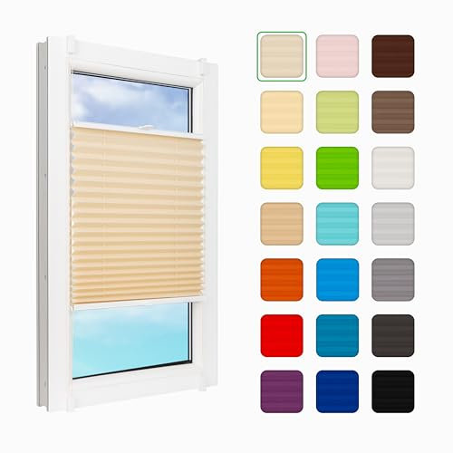 MakoStyl Fenster Plissee Innen ohne Bohren - B 70 H 140 cm Klemmfix Beige Plisee - 100 g/m2 Plissees Faltrollos - 50% Verdunkelung Blissett Rollo - Blickdicht Klemmplisseeses