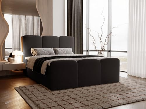 GRAINGOLD Campi Bett 140x200, Boxspringbett mit Bettkasten, Polsterbett mit Bonell-Matratze, Samt Stoff, mit Topper, mit Kopfteil (Schwarz, 140x200)