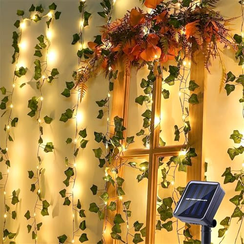 FANSU Style lierre Guirlande Lumineuse Exterieure de Jardin, Lumière Extérieure Jardin Solaire, 8 Modes IP65 Étanche pour Décoration Pergola Mariage Terrasse Balcon (Verte,5M/50LED)
