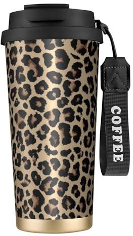 YXDVPALNE Leopardenmuster,316 Edelstahl-Kaffeebecher mit Umhängeband, isolierter Becher, Reisebecher fürs Auto, 500 ml