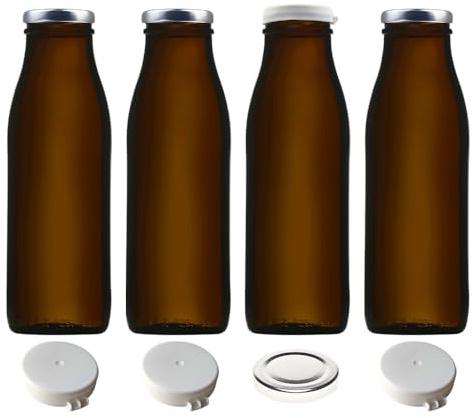 mikken 4 x Glasflasche 500 ml braun Milchflasche mit 4x Schraubdeckel und 4 Frischhaltedeckeln inkl. Etiketten