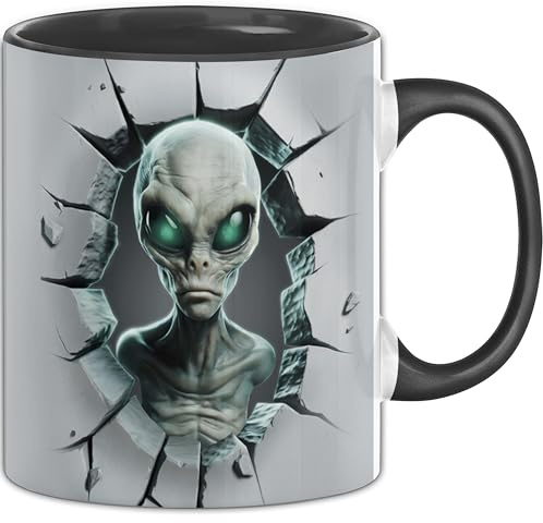 3D Alien Tasse Geschenk Alien Durchbruch Wand Grafik Geschenkidee für Alien Liebhaber (Schwarz)