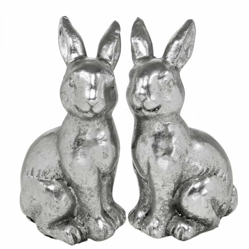 Viana Deko Hase Silber Vintage Osterdeko Figuren 13cm 2er Set Polyresin Blickfang Frühling, 2 Stück