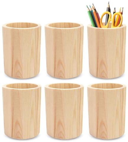 MerwDeeyt 6Pcs Wooden Pencil Holder 8x10cm Round Unfinished Pen Pots | Wooden Pencil Organizer, Desktop Organizer Storage, Cosmetics Display, Pen Pot, for DIY, Home, Office, Desk Accessory