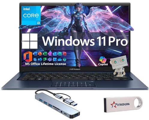 ASUS Vivobook Ordinateur portable FHD 14, Windows 11 Pro, Lifetime MS Office, Intel Core i3-1315U, 16 Go de RAM + SSD PCIe 512 Go, élégant et léger, lecteur DVD externe et clé USB, pour étudiants