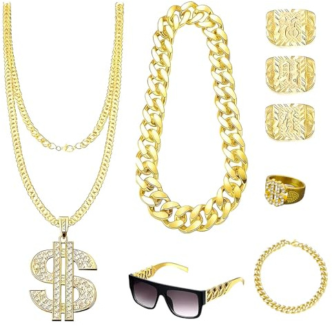 PLLYPE 8 Stück Zuhälter Kostüm Goldkette Set, Hip Hop Kostüm Set, Hip Hop Rapper Kostüm, Goldkette Herren Set, 80er 90er Jahre Outfit Herren mit Goldkette Fasching, Herren Armbänder, Ring, Brillen
