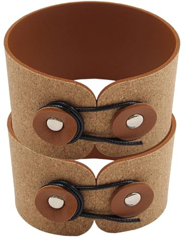 Healeved 2Pcs Adjustable Stainless Steel Coffee Cup Sleeve with Brown Cork Leather Cover, Insulated Bottle Sleeve for Cold Drinks, Reusable Metal Drink Holder for Outdoor Use