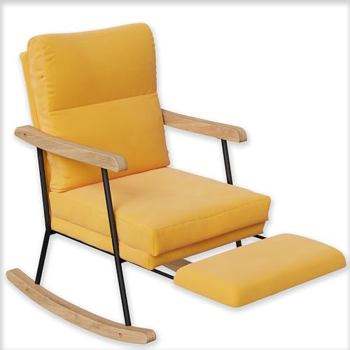 Lazyspace Schaukelstuhl Leinen Gelb bis 120 kg, Relaxstuhl Sessel Stuhl Wohnzimmersessel Schaukelsessel Gepolsterter Stillsessel mit Metallgestell und Holzsockel für Wohnzimmer Schlafzimmer Babyzimmer