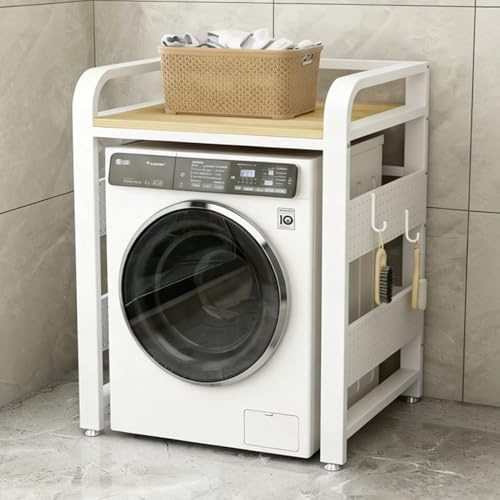 GUAWJRZDP Étagère de Rangement Pour Lave-linge Et Sèche-linge, Étagère de Rangement Et D'organisation Pour Buanderie, Meuble Pour Lave-linge À Chargement Frontal avec Panneau Perforé(White+Wood)