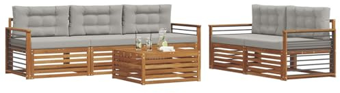 vidaXL Outdoor-Sofagarnitur mit Kissen 6 pcs Natürlich und Hellgrau, Garten, modernes Outdoor-Sofa, gemütliche Terrassen-Sitzgruppe aus robustem Material
