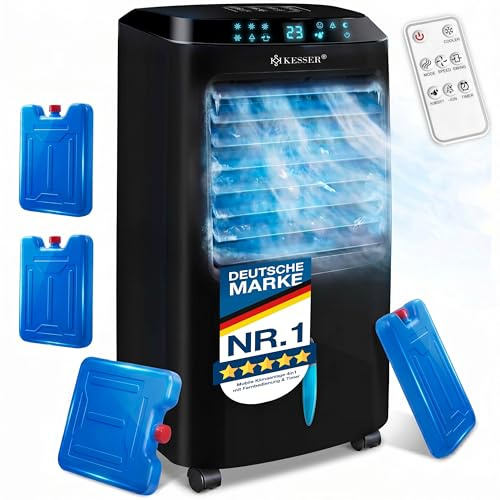 KESSER® Mobile Klimaanlage 4in1 Luftkühler – Air Cooler mit Fernbedienung & Timer, 10L Wassertank, Ionisator & Luftbefeuchter, Ventilator Klimagerät ohne Abluftschlauch, 3 Stufen inkl. Kühlakkus