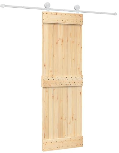 QJBSAVVA Porta scorrevole naturale e bianca, 70 x 210 cm, set completo con binario da 200 cm, porta scorrevole in legno di pino massiccio per interni, porta interna salvaspazio e divisorio