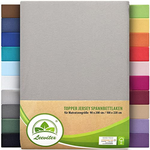 leevitex Premium Topper Boxspringbett Spannbettlaken | 100% Mako-Jersey-Baumwolle | ÖKO-TEX | 170g/m² | 90 x 200-100 x 220 | Silber/Hellgrau | 18 cm Steg