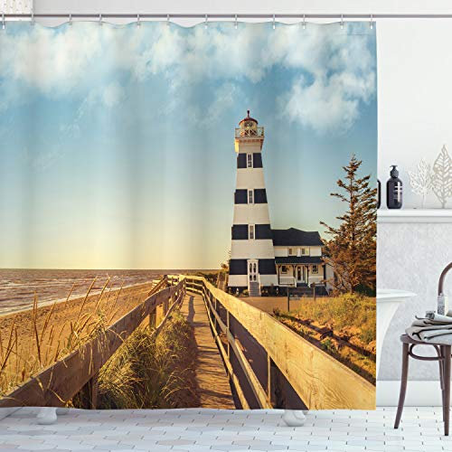 ABAKUHAUS Strand Duschvorhang, Leuchtturm Meer Wellen, Stoffliches Gewebe Badezimmerdekorationsset mit Haken, 175 x 180 cm, Ingwer Blau