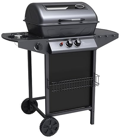 Barbacoa de gas con piedra volcánica y barbacoa de gas, 2 quemadores + estufa lateral estructura de acero con plano lateral de apoyo y 3 perchas Pratiko Life