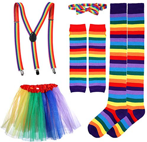 BESTOYARD Regenbogen Kostüm Sets Tutu Rock Fliege Hosenträger Lange Socken Handschuhe Cosplay Party Kostüm für Erwachsene 7 Stück (Bunt)