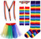 BESTOYARD Regenbogen Kostüm Sets Tutu Rock Fliege Hosenträger Lange Socken Handschuhe Cosplay Party Kostüm für Erwachsene 7 Stück (Bunt)